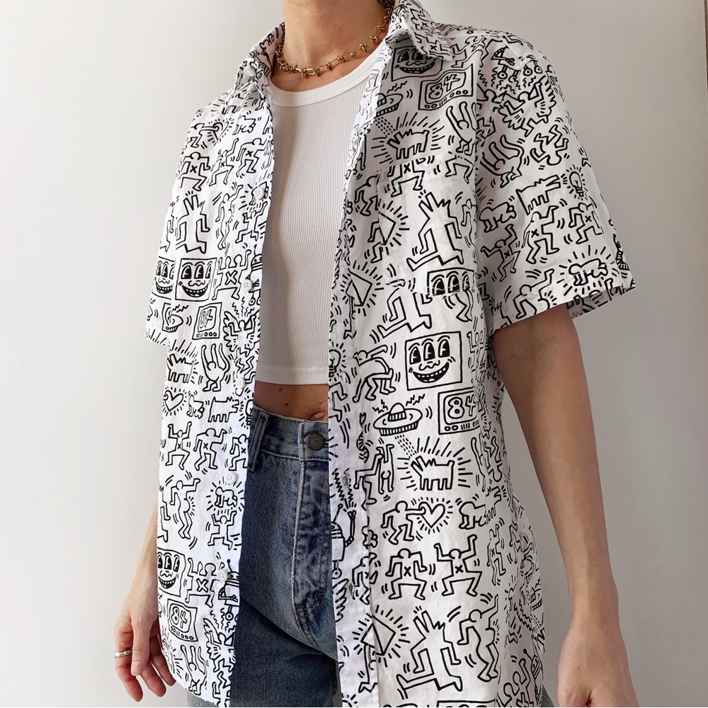 Keith Haring x HM printed white & black short sleeve button down shirt cotton - Picture 2 of 8